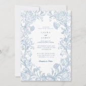 Elegant Blue Floral Crest Striped Back Wedding 招待状 (正面)