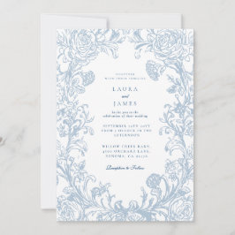 Elegant Blue Floral Crest Striped Back Wedding 招待状