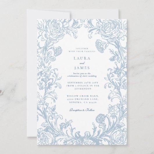 Elegant Blue Floral Crest Striped Back Wedding 招待状 (正面)