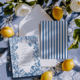 Elegant Blue Floral Crest Striped Back Wedding 招待状