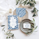 Elegant Blue Floral Crest Striped Back Wedding 招待状