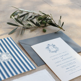 Elegant Blue Floral Crest Striped Back Wedding 招待状