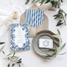 Elegant Blue Floral Crest Striped Back Wedding 招待状