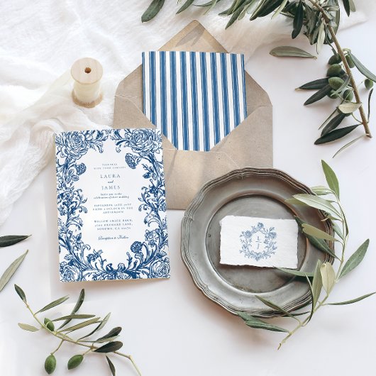 Elegant Blue Floral Crest Striped Back Wedding 招待状