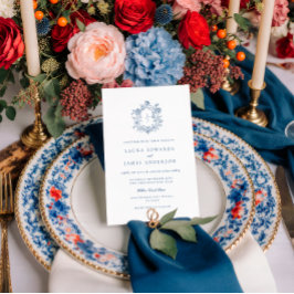 Elegant Blue Floral Crest Striped Back Wedding 招待状