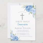 Elegant Blue Floral First Holy Communion 招待状 (正面)