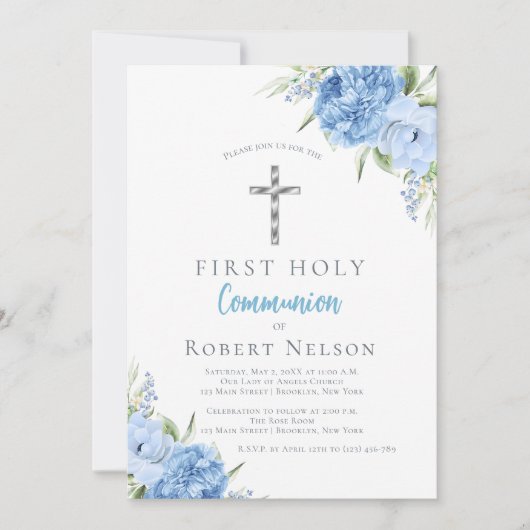 Elegant Blue Floral First Holy Communion 招待状 (正面)