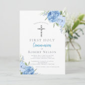 Elegant Blue Floral First Holy Communion 招待状 (スタンド正面)