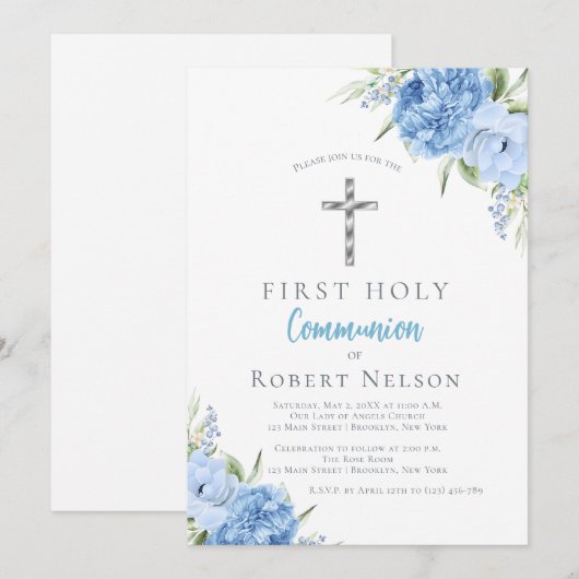 Elegant Blue Floral First Holy Communion 招待状 (正面/裏面)