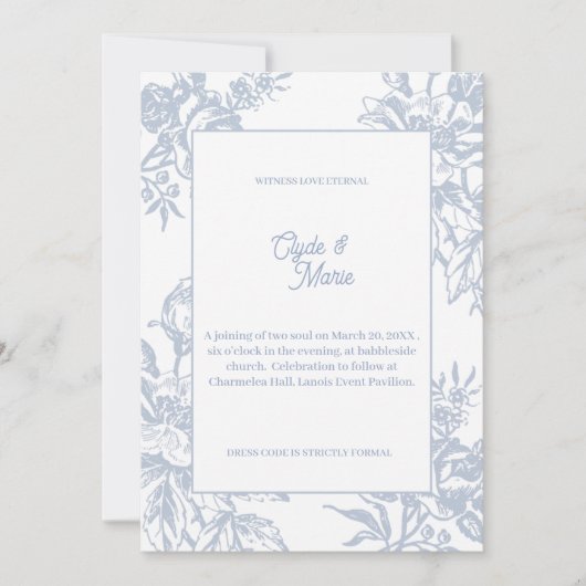 Elegant Blue Floral Formal Wedding Invitation |  招待状 (正面)