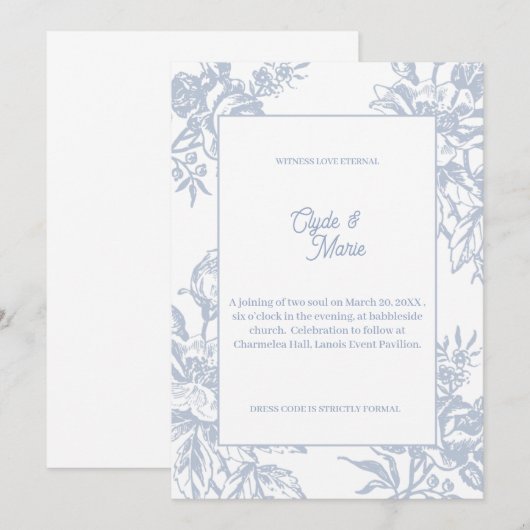 Elegant Blue Floral Formal Wedding Invitation |  招待状 (正面/裏面)