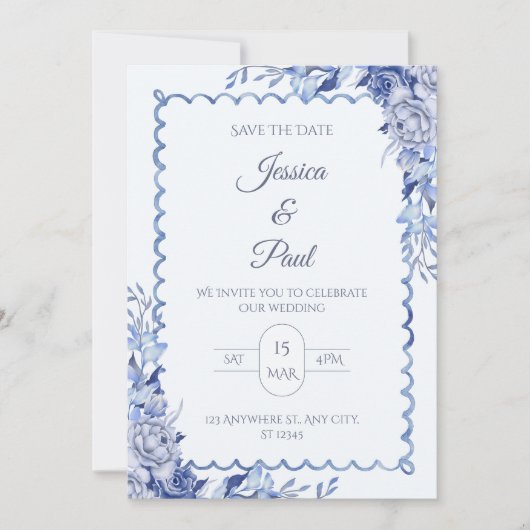 Elegant  Blue Floral Frame Wedding Invitation 招待状 (正面)