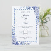 Elegant  Blue Floral Frame Wedding Invitation 招待状 (スタンド正面)