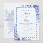 Elegant  Blue Floral Frame Wedding Invitation 招待状 (正面/裏面)