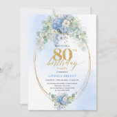 Elegant Blue Floral Gold 80th Birthday Invitation 招待状 (正面)