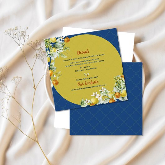 Elegant Blue Floral Gold Citrus Wedding Details エンクロージャーカード