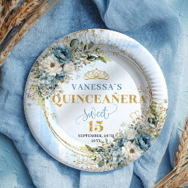 Elegant Blue Floral Gold Custom Quinceañera Plates ペーパープレート