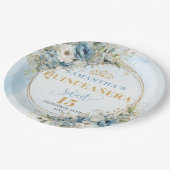 Elegant Blue Floral Gold Custom Quinceañera Plates ペーパープレート (アングル)