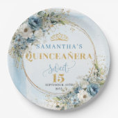 Elegant Blue Floral Gold Custom Quinceañera Plates ペーパープレート (正面)
