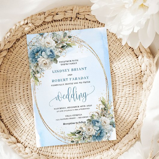 Elegant Blue Floral Gold Frame Wedding Invitation 招待状