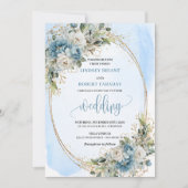 Elegant Blue Floral Gold Frame Wedding Invitation 招待状 (正面)