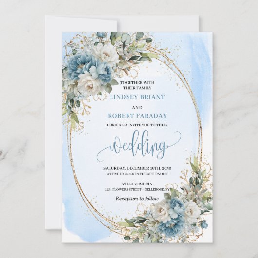 Elegant Blue Floral Gold Frame Wedding Invitation 招待状 (正面)