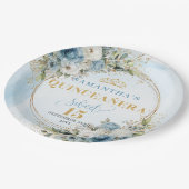 Elegant Blue Floral Gold Personalized Quinceañera ペーパープレート (アングル)