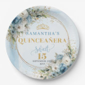 Elegant Blue Floral Gold Personalized Quinceañera ペーパープレート (正面)