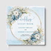 Elegant Blue Floral Gold Wedding Sign In Book ゲストブック (正面)