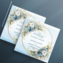Elegant Blue Floral Gold Wedding Sign In Book ゲストブック