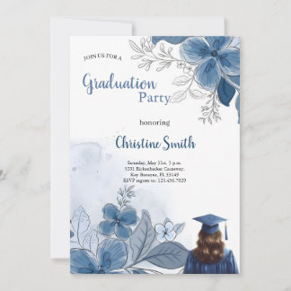 elegant blue floral graduation party invitation 招待状