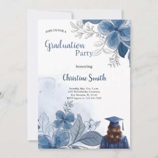 elegant blue floral graduation party invitation 招待状 (正面)
