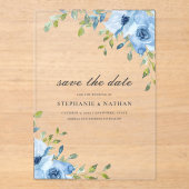 Elegant Blue Floral Greenery Save The Date アクリル招待状 (正面)