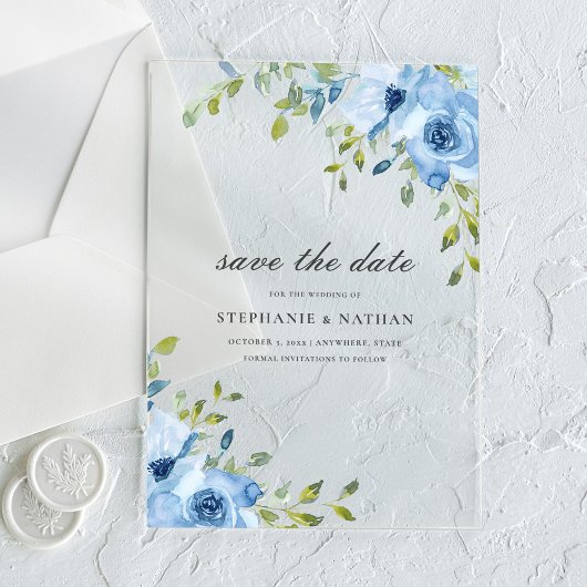Elegant Blue Floral Greenery Save The Date アクリル招待状