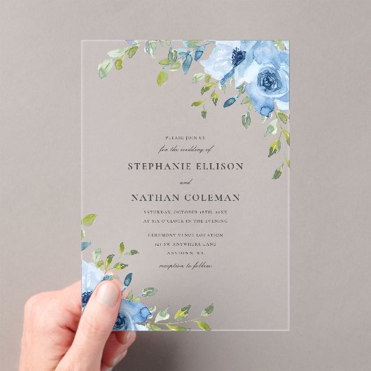 Elegant Blue Floral Greenery Wedding アクリル招待状 (インサイチュ (ポータブル))