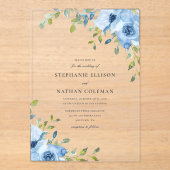 Elegant Blue Floral Greenery Wedding アクリル招待状 (正面)