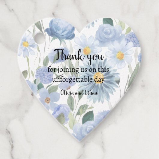 Elegant Blue Floral Heart Wedding Tag フェイバータグ (正面)