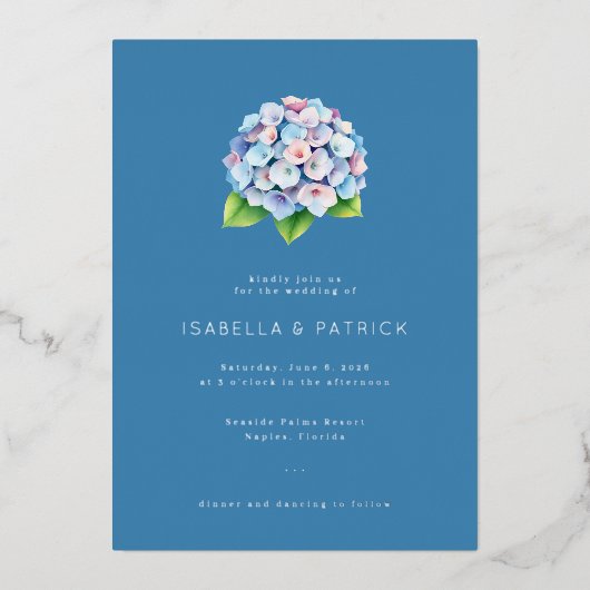 Elegant Blue Floral Hydrangea 箔招待状 (正面)