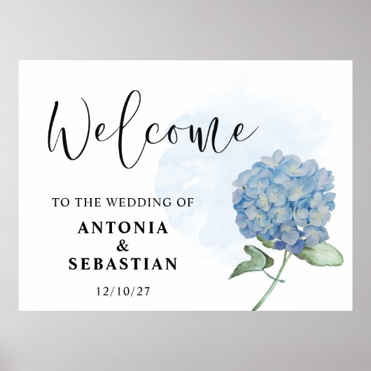 Elegant Blue Floral Hydrangea Wedding Sign Poster ポスター (正面)