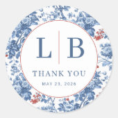 Elegant Blue Floral Initials ラウンドシール (正面)