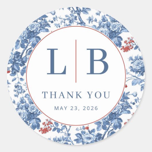 Elegant Blue Floral Initials ラウンドシール (正面)