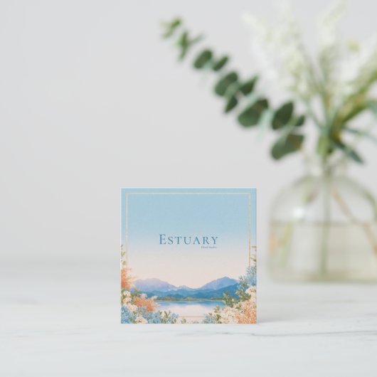 Elegant Blue Floral Lake Landscape Gold Frame スクエア名刺 (スタンド正面)