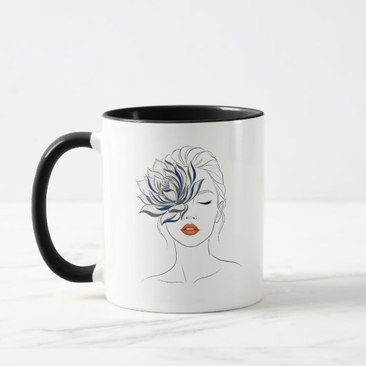Elegant Blue Floral Line Art Woman Mug マグカップ (左)