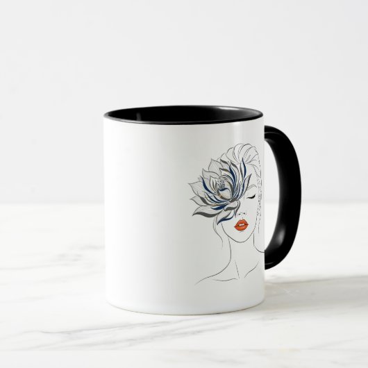 Elegant Blue Floral Line Art Woman Mug マグカップ (正面右)