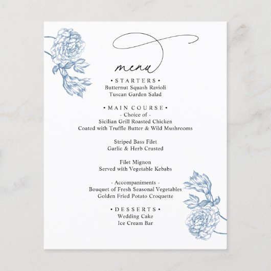 Elegant Blue Floral Modern Script Wedding Menu (正面)