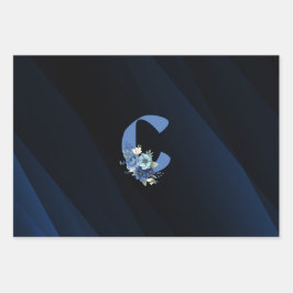 Elegant Blue Floral Monogram Letter C Personalized ラッピングペーパーシート