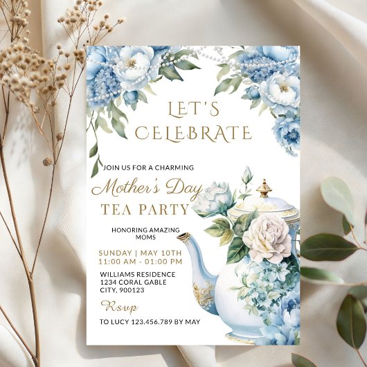 Elegant Blue Floral Mother's Day Tea Party  招待状