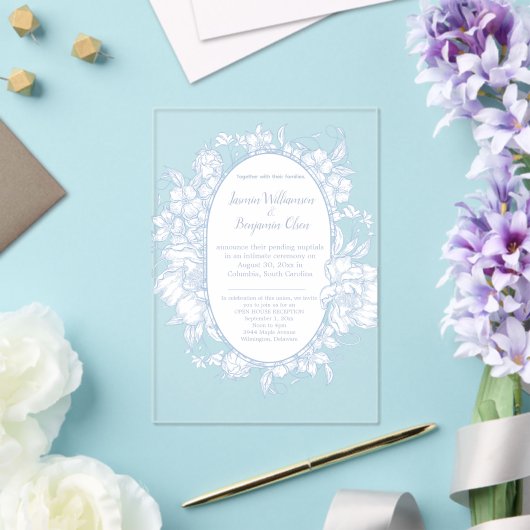 Elegant Blue Floral Open House Wedding Reception I アクリル招待状 (インサイチュ (ウェディング))