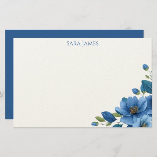 Elegant Blue Floral Personal Stationery Note Card 便箋 (正面/裏面)