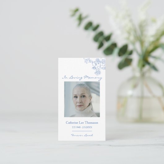 Elegant Blue Floral Photo Prayer Card 名刺 (スタンド正面)